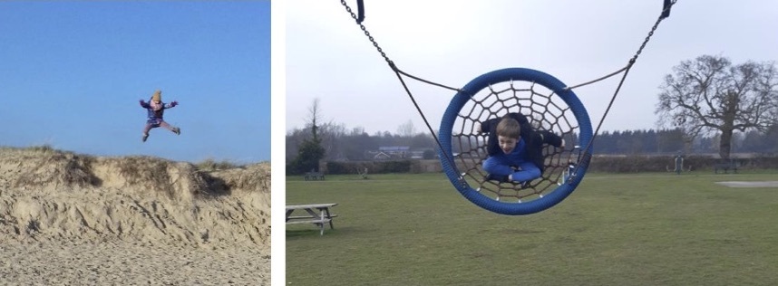 child jumping and child on a swing