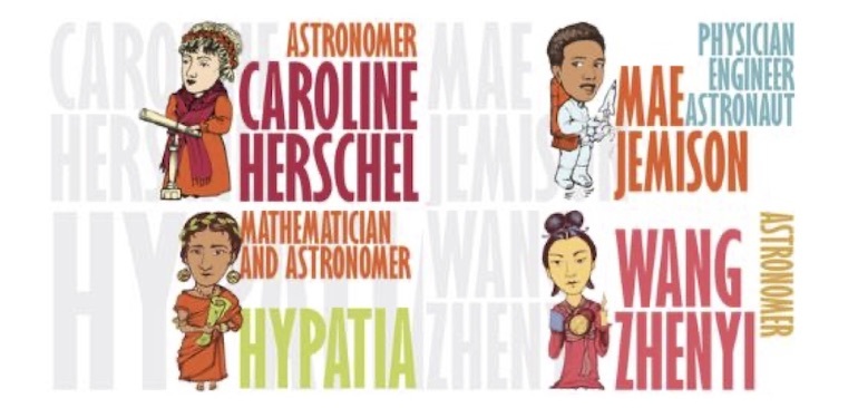 An image showing a cartoon representation of some of the STEM Sisters -Caroline Herschel, Mae Jemison, Hypatia and Wang Zhenyi