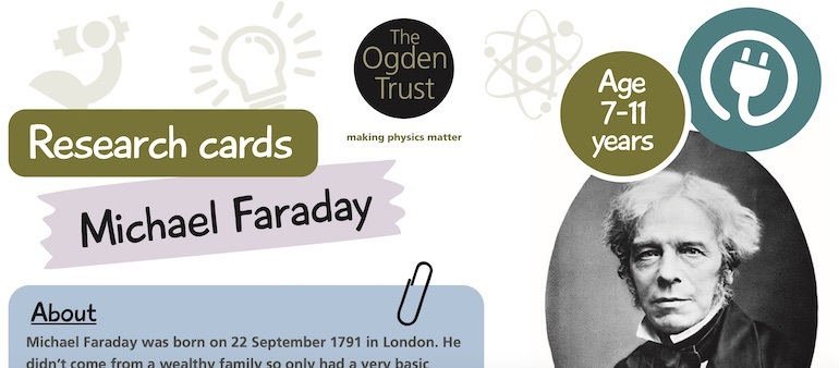 A close up of our research cards featuring Michael Faraday